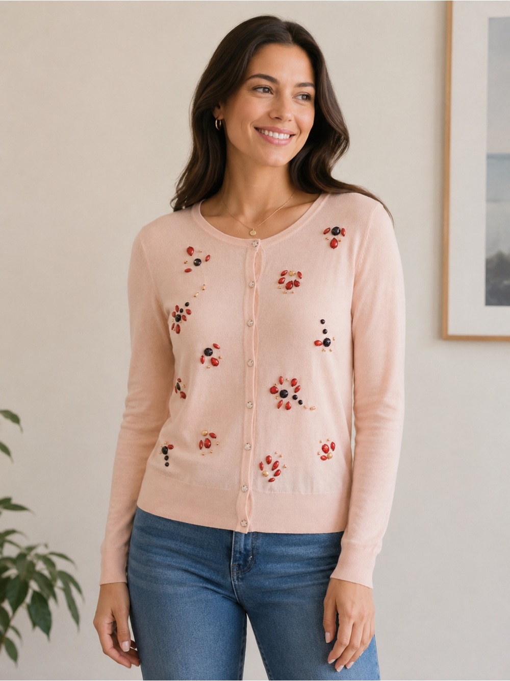 New York & Company Blush Pink Embellished Button-Up Cardigan